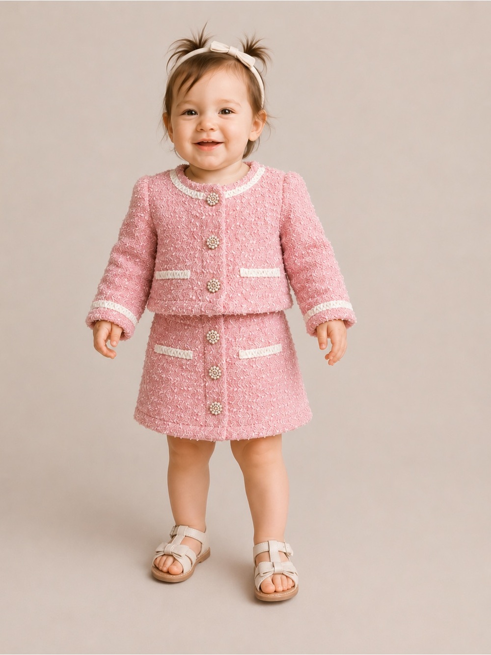 Le Chic Girls Size 2 Pink Tweed Skirt Suit Set Pearl Buttons Elle Woods